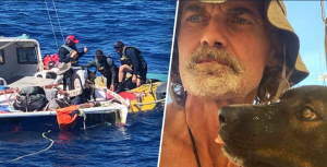 Sailor Tim Shaddock and his dog Bella were rescused by the crew of a tuna trawler